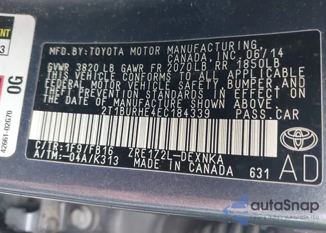 2014 Toyota Corolla Le from USA, damaged, VIN 2T1BURHE4EC184339